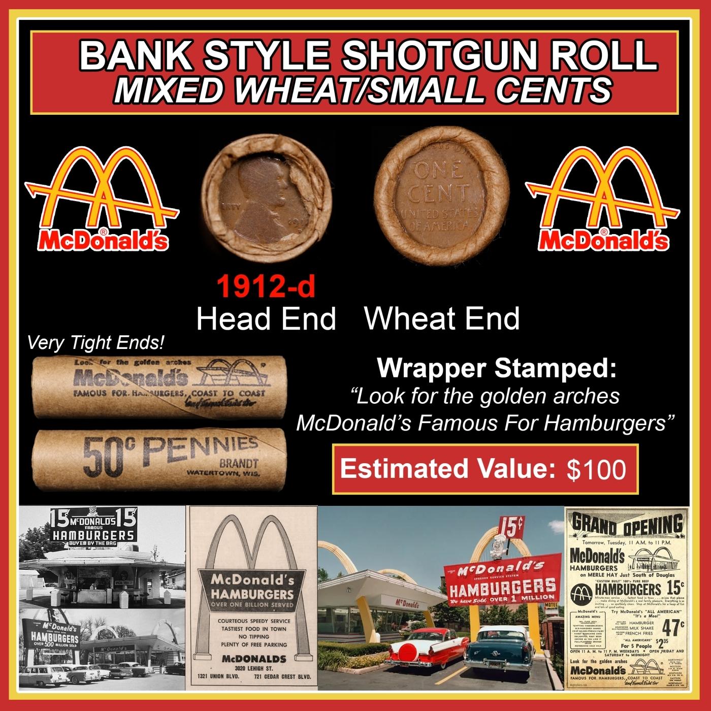 Lincoln Wheat Cent 1c Mixed Roll Orig Brandt McDonalds Wrapper, 1912-d end, Wheat other end