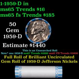 BU Shotgun Jefferson 5c roll, 1959-d 40 pcs Bank $2 Nickel Wrapper
