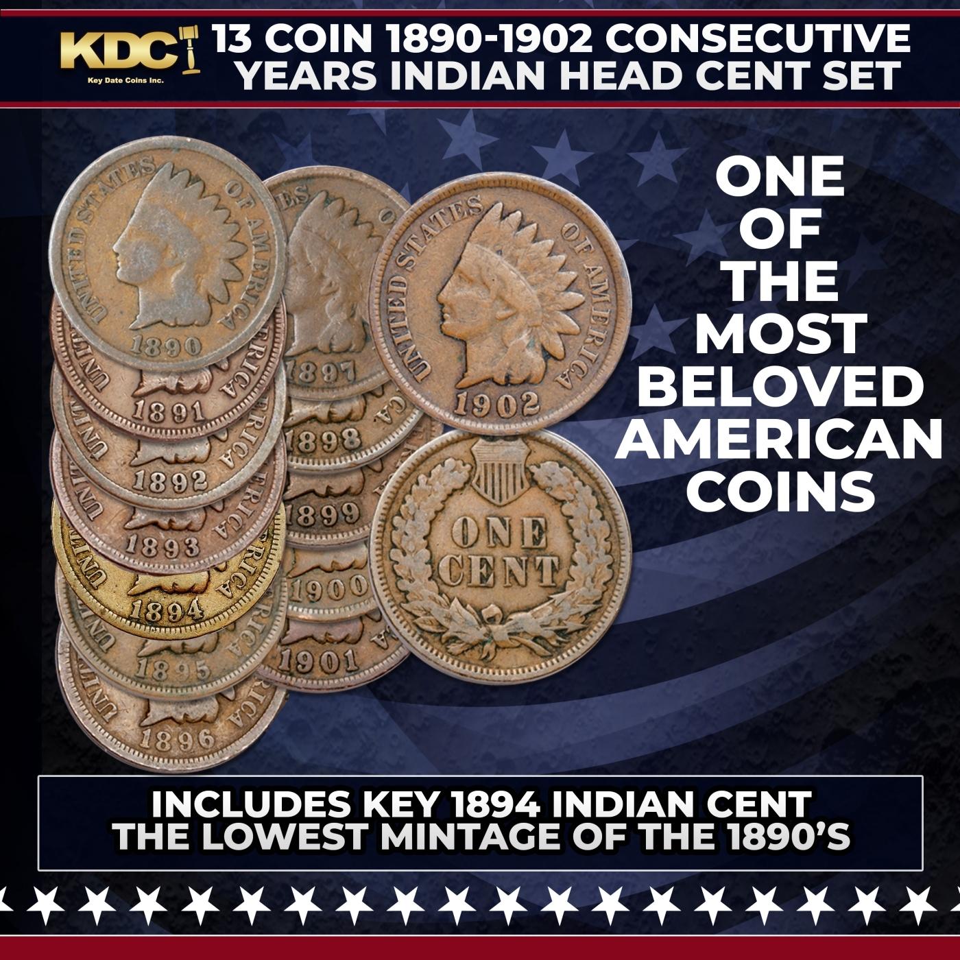 12 Coin 1890-1902 Consecutive Years Indian Head Cent Set