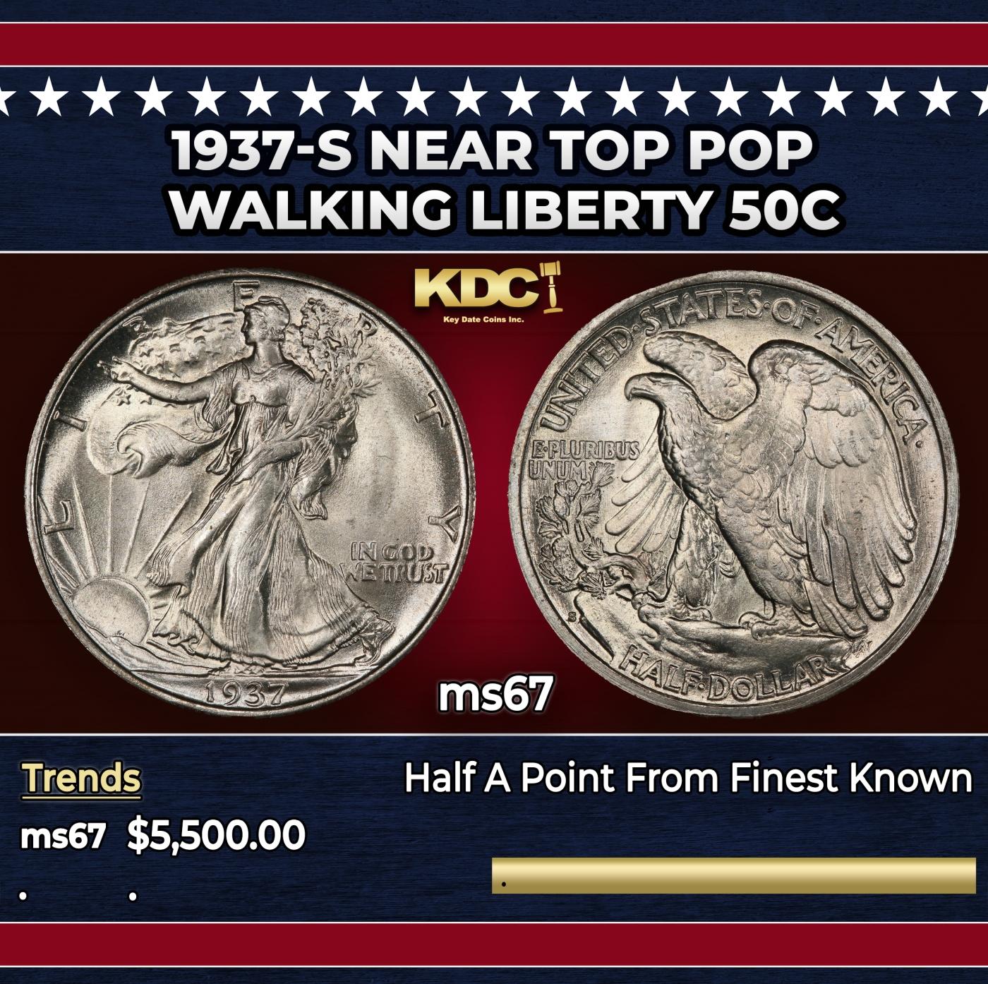 1937-s Walking Liberty Half Dollar Near Top Pop 50c ms67 SEGS