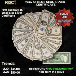 1x 1934 $5 Blue Seal Silver Certificate Grades VF/XF
