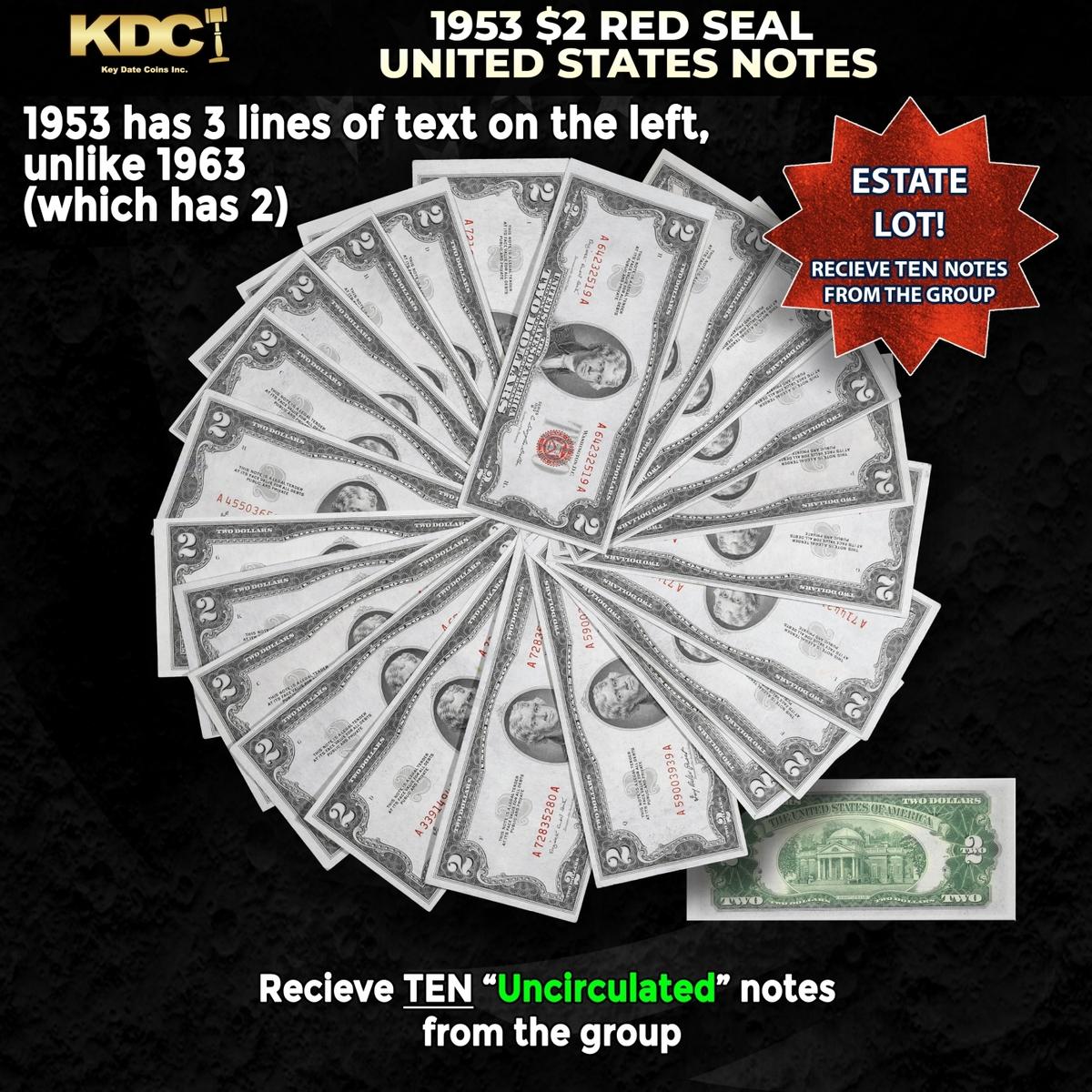 10x 1953 $2 Red Seal United States Note Grades CU