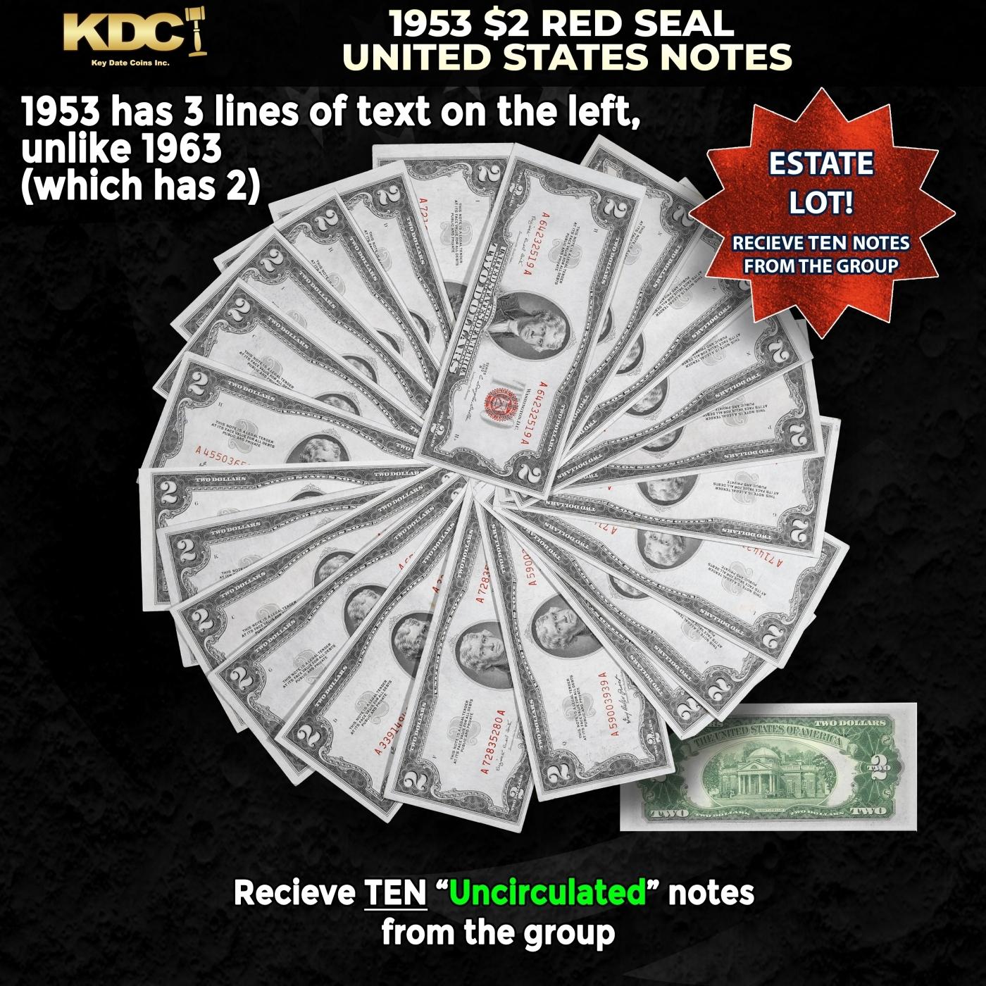 10x 1953 $2 Red Seal United States Note Grades CU