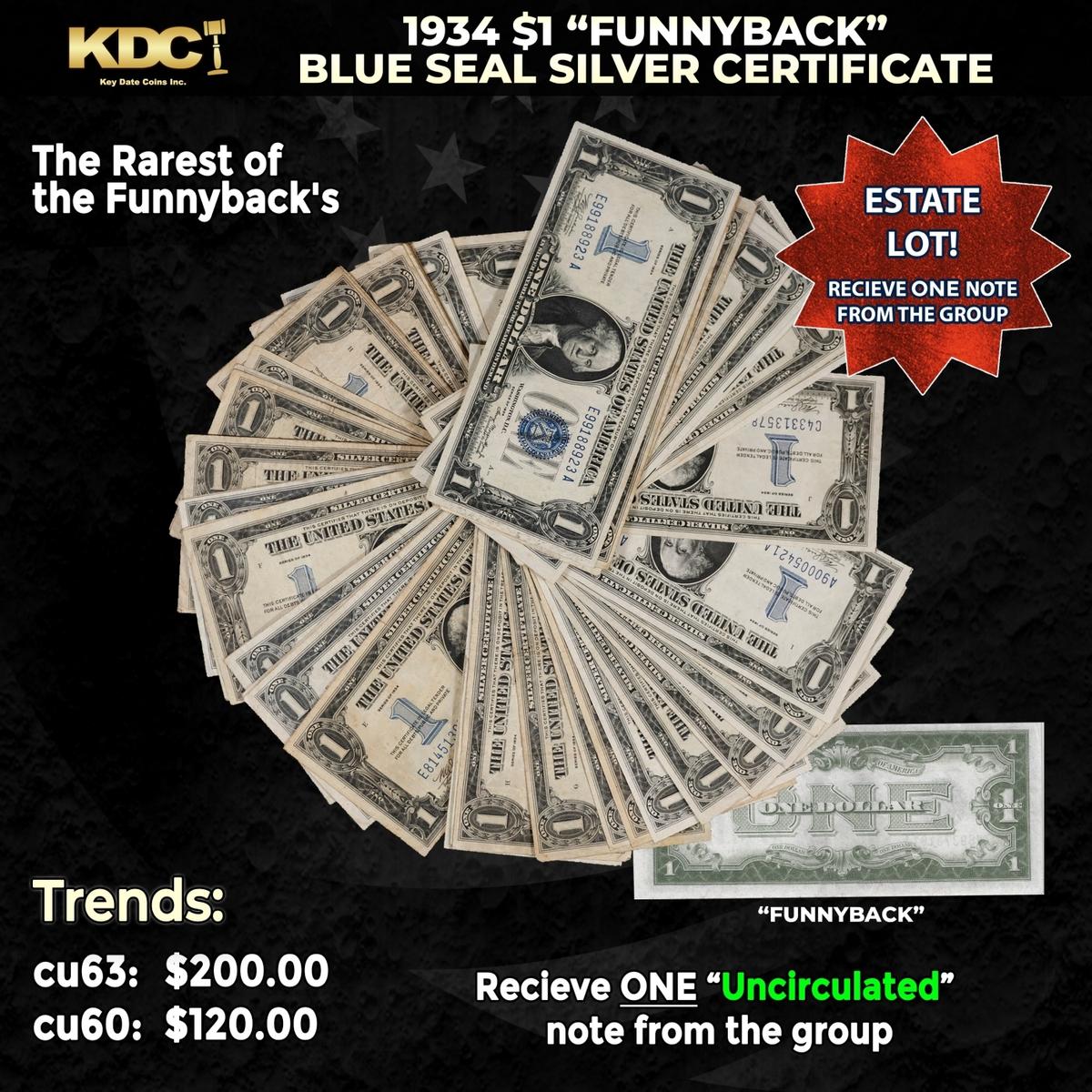1x 1934 $1 Funnyback Blue Seal Silver Certificate Grades CU