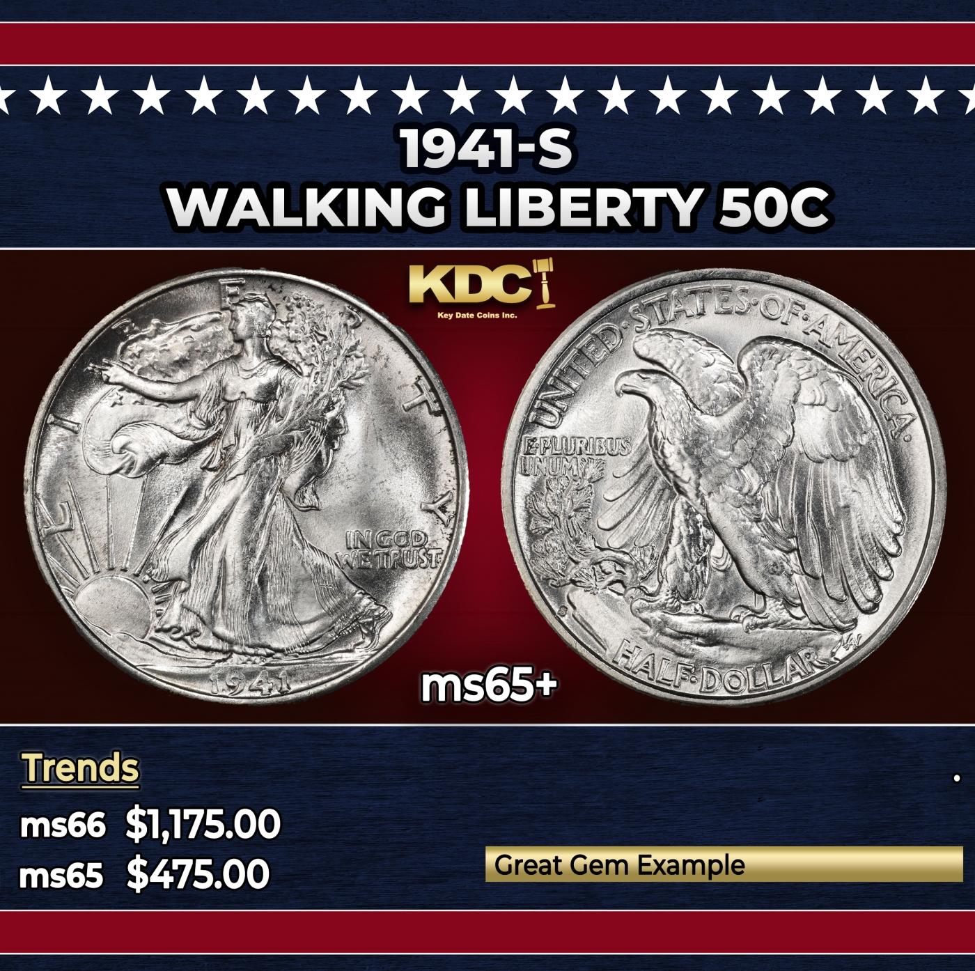 1941-s Walking Liberty Half Dollar 50c Grades ms65+