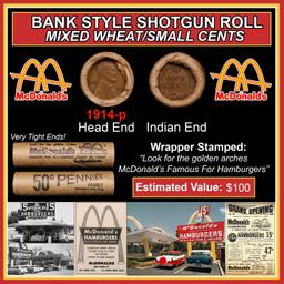 Lincoln Wheat Cent 1c Mixed Roll Orig Brandt McDonalds Wrapper, 1914-p end, Indian other end