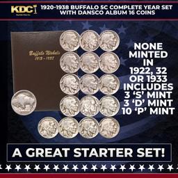 1920-1938 Buffalo Nickel Complete Year Set with Dansco Album 16 Coins, A Great Starter Set!