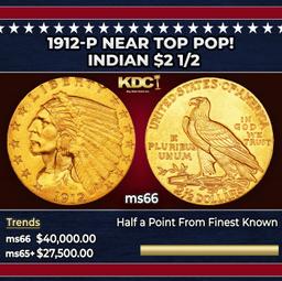 1912-p Gold Indian Quarter Eagle Near Top Pop! $2 1/2 ms66 USCG