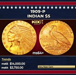1909-p Gold Indian Half Eagle $5 ms64+ USCG