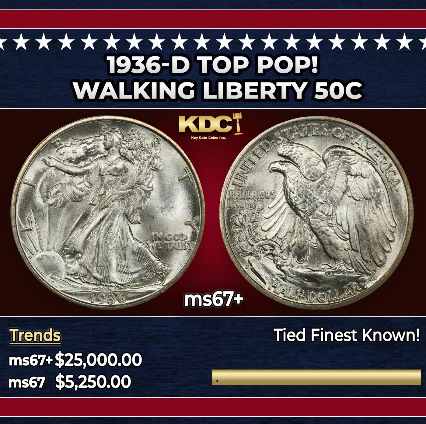 1936-d Walking Liberty Half Dollar TOP POP! 50c ms67+ SEGS