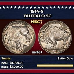 1914-s Buffalo Nickel 5c ms65+ SEGS