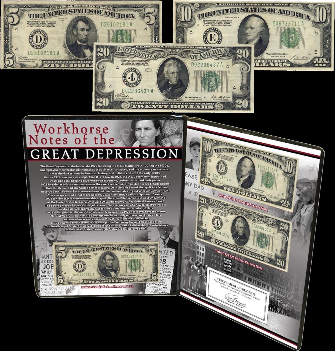 1928 Workhorse Notes of the Great Depression $5, $10, $20 3 "Redeemable In Gold" Federal Reserve Not