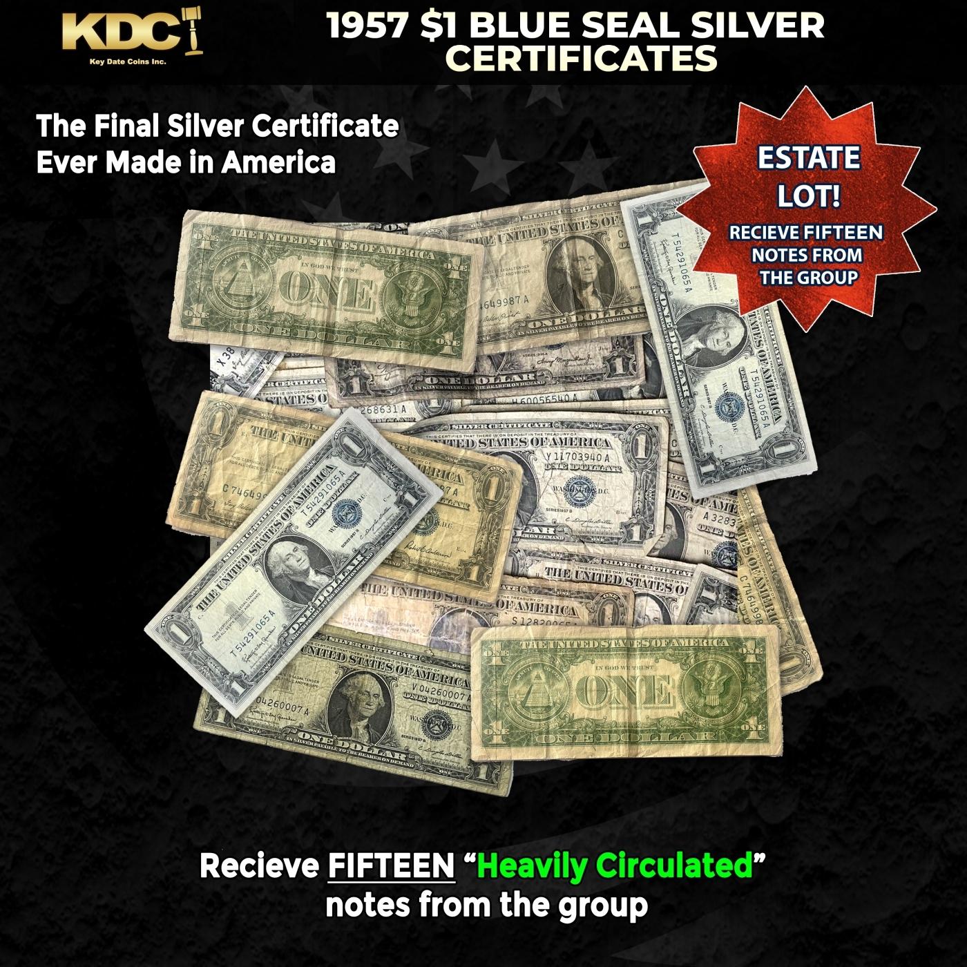 15x 1957 $1 Blue Seal Silver Certificates Heavily Circulated