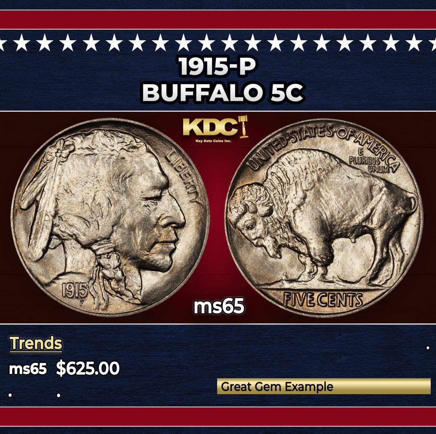 1915-p Buffalo Nickel 5c Grades ms65