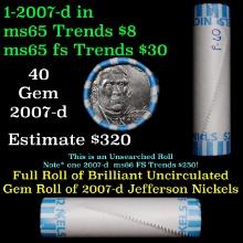 BU Shotgun Jefferson 5c roll, 2007-d 40 pcs Bank $2 Nickel Wrapper