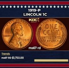 1919-p Lincoln Cent 1c ms67 rd SEGS