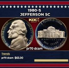 1980-s Proof Jefferson Nickel 5c pr70 dcam SEGS
