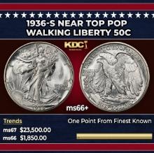 1936-s Walking Liberty Half Dollar Near Top Pop 50c ms66+ SEGS