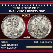 1938-p Walking Liberty Half Dollar TOP POP! 50c ms68 SEGS
