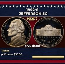 1992-s Proof Jefferson Nickel 5c pr70 dcam SEGS