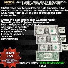 Complete 1963 $1 Green Seal Federal Reserve Note Signature Set 1963,1963A, 1963B "Barr Note"  3 Note