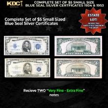 Complete Set of $5 Small Size Blue Seal Silver Certficates 1934 & 1953 Grades VF/XF