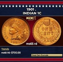 1901 Indian Cent . 1c Grades ms65 rd