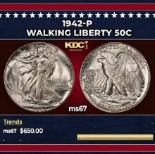 1942-p Walking Liberty Half Dollar 50c ms67 SEGS