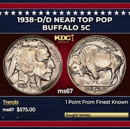 1938-d/d Buffalo Nickel Near Top Pop 5c ms67 SEGS