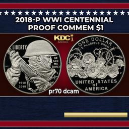 2018-p WWI Centennial Proof Modern Commem Dollar $1 pr70 dcam SEGS