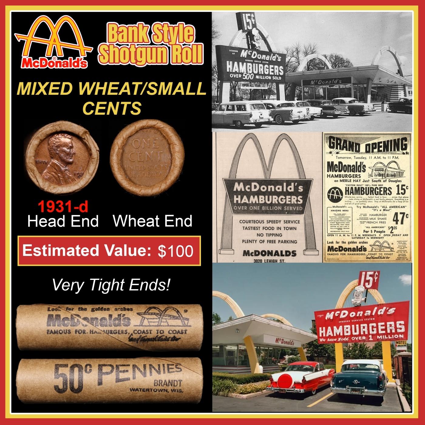 Lincoln Wheat Cent 1c Mixed Roll Orig Brandt McDonalds Wrapper, 1931-d end, Wheat other end
