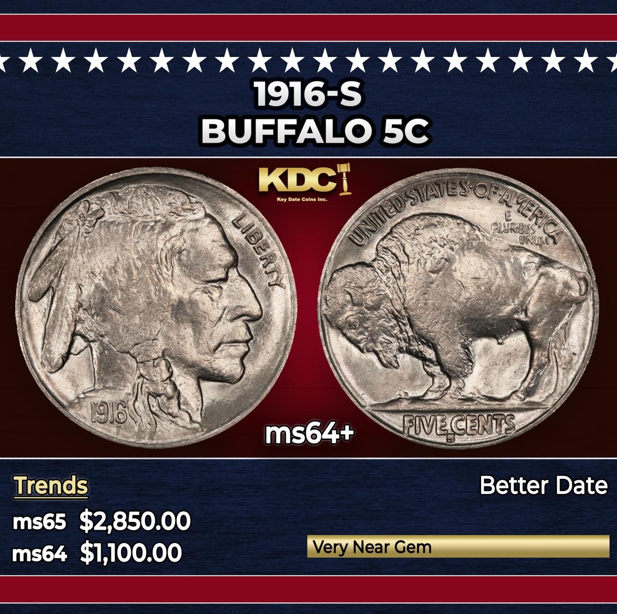 1916-s Buffalo Nickel 5c ms64+ SEGS
