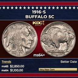 1916-s Buffalo Nickel 5c ms64+ SEGS