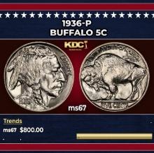 1936-p Buffalo Nickel 5c ms67 SEGS