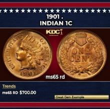 1901 Indian Cent . 1c Grades ms65 rd