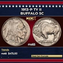 1913-p Ty II Buffalo Nickel 5c Grades ms65