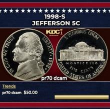 1998-s Proof Jefferson Nickel 5c pr70 dcam SEGS