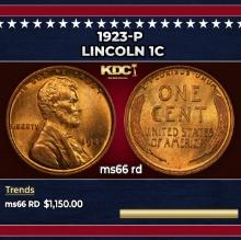 1923-p Lincoln Cent 1c ms66 rd SEGS
