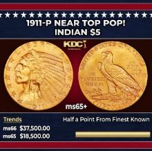 1911-p Gold Indian Half Eagle Near Top Pop! $5 ms65+ USCG