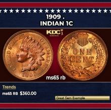 1909 Indian Cent . 1c Grades ms65 rb