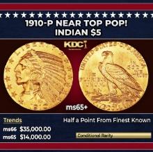 1910-p Gold Indian Half Eagle Near Top Pop! $5 ms65+ USCG