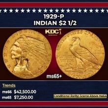 1929-p Gold Indian Quarter Eagle $2 1/2 ms65+ SEGS