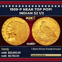 1909-p Gold Indian Quarter Eagle Near Top Pop! $2 1/2 ms65+ SEGS