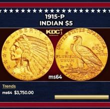 1915-p Gold Indian Half Eagle $5 ms64 USCG