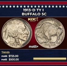 1913-d Ty I Buffalo Nickel 5c Grades ms65+