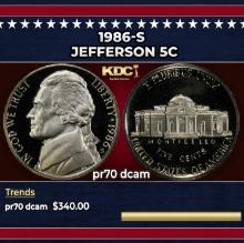 1986-s Proof Jefferson Nickel 5c pr70 dcam SEGS
