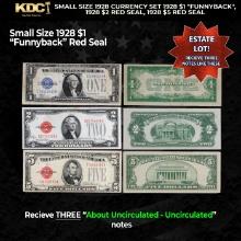 Small Size 1928 Currency Set 1928 $1 "Funnyback", 1928 $2 Red Seal, 1928 $5 Red Seal Grades AU/CU