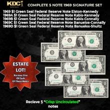 Complete 1969 $1 Green Seal Federal Reserve Note Signature Set 1969, 1969A, 1969B, 1969C, 1969D 5Not