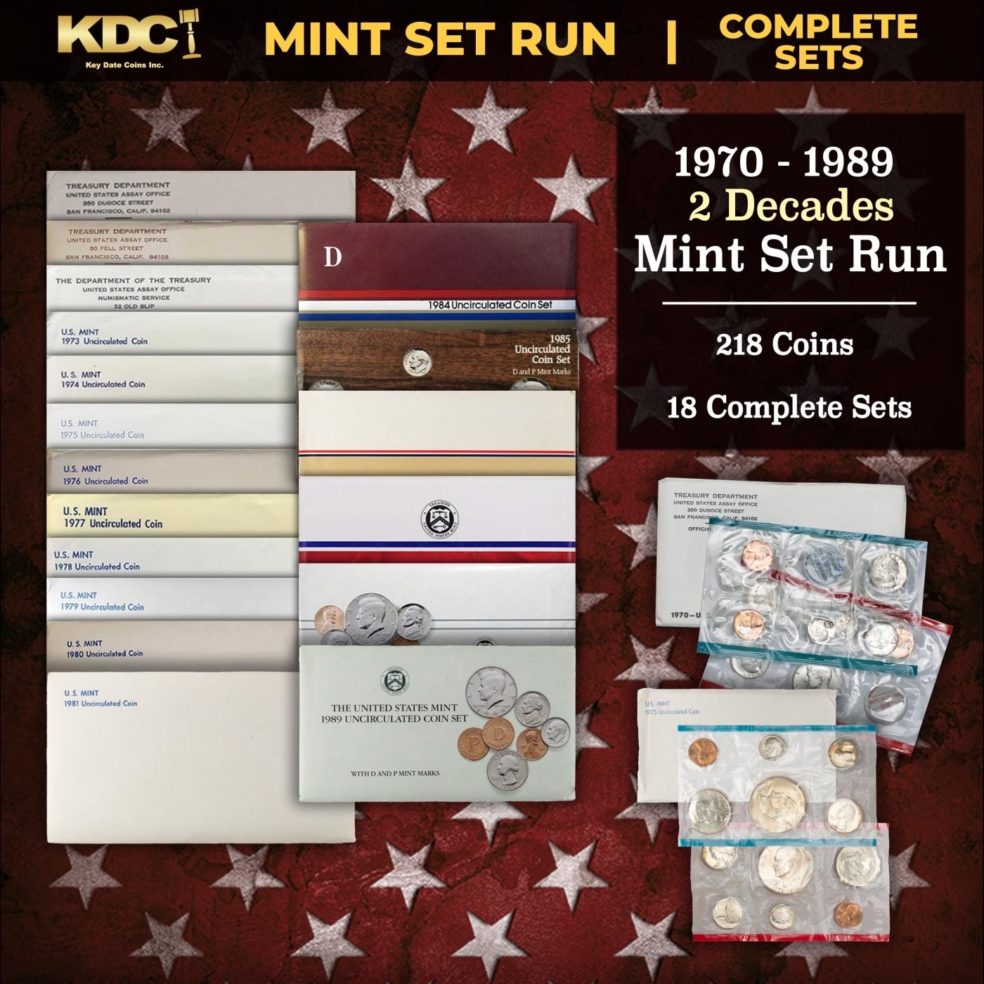 1970-1989 2 Decades Mint Set Run - 218 Coins, 18 Complete Sets Includes All Ike Years
