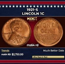 1921-s Lincoln Cent 1c ms64 rd SEGS
